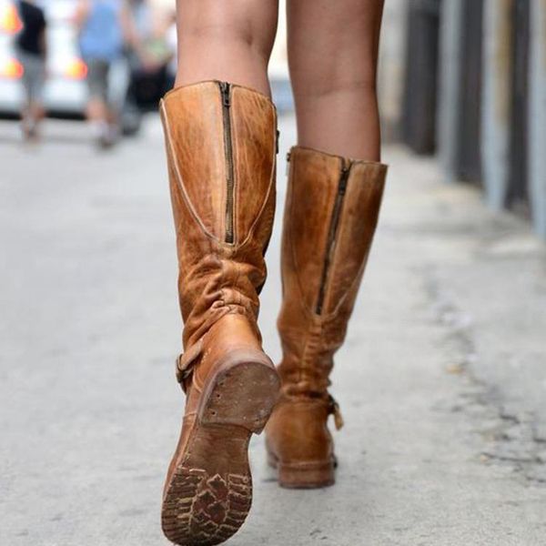 

boots style belt buckle women's low heel leather back zipper knight, Black