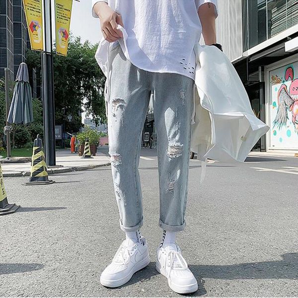 

men's jeans summer vintage ripped ankle-length trend go with teenagers' straight leg slacks, Blue