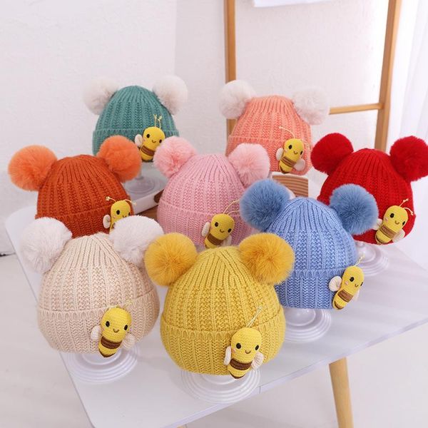 

caps & hats soft double pompom baby hat autumn winter warm infant toddler knitted cap cartoon bee crochet born girl boy beanies bonnet, Yellow