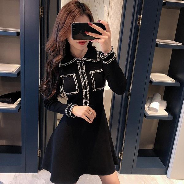 

casual dresses high street girl black goth dress trend long-sleeve lapel stitching female summer temperament a line runway, Black;gray