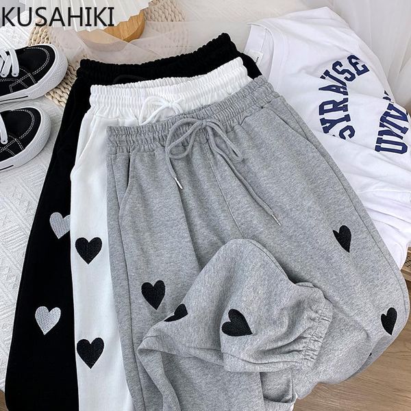 

woman pants korean love heart embroidery long trousers lace up stretch high waist harem sweatpants mujer 6g577 women's & capris, Black;white