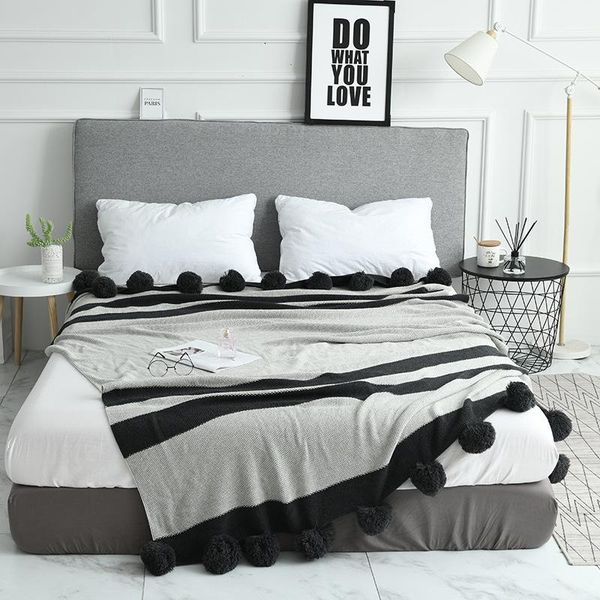 

blankets knitted blanket yarn knit casual decorative fringe close-fitting with ball bed covers cobertor koc para inverno