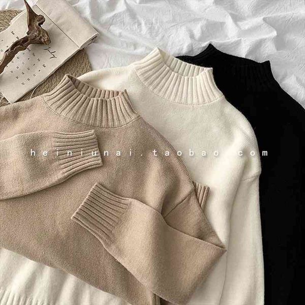 

women casual sweater spring autumn casual half-high collar long-sleeved solid knitted woman pullover sweaters, White;black