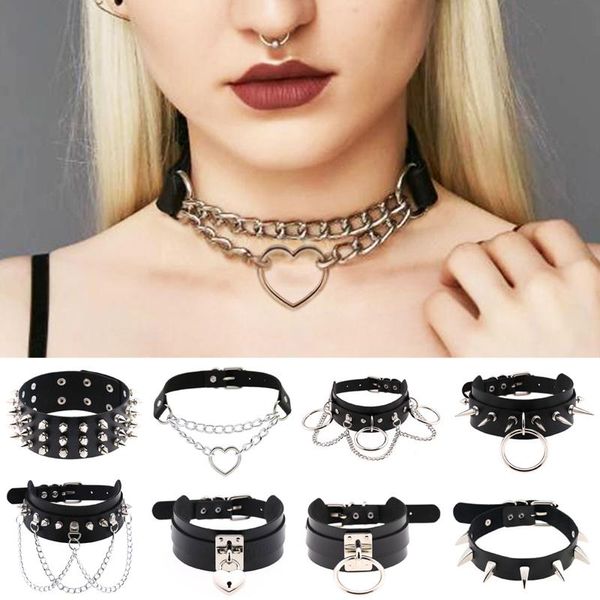 

leather punk choker necklace metal night club cool women rivet chain pendant collar gift jewelry chains, Silver