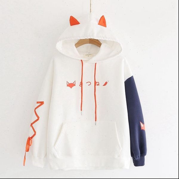 

thicken sweet style hooded autumn women hoodie winter fox print hit color loose hoodies student cute fleece warm clothing, Black