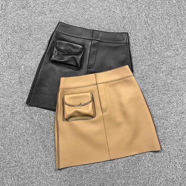 

skirts arrival chic women's high-rise leather skirt sheepskin real pockets mini a542, Black