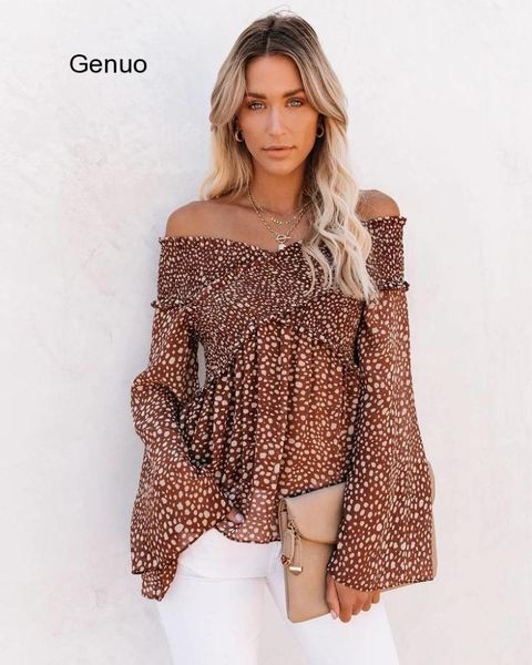 

women's blouses & shirts plus size long sleeve women 2021 autumn leopard slash neck irregular, White