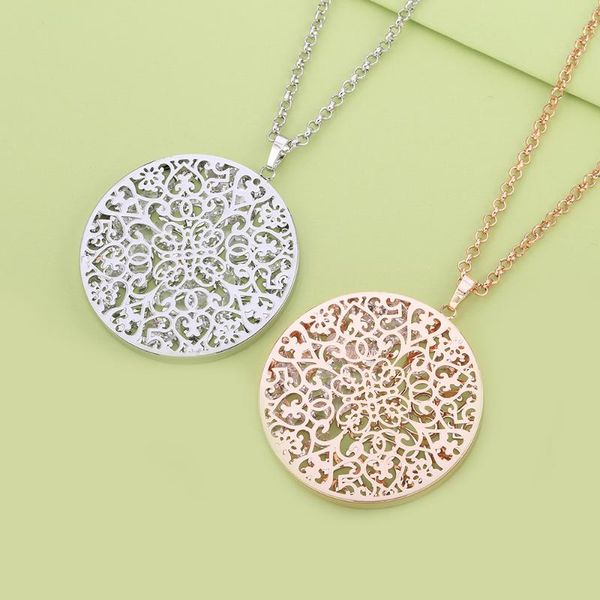 

pendant necklaces hollow flower round & pendants rhinestone in locket statement jewelry for women long sweater chains, Silver