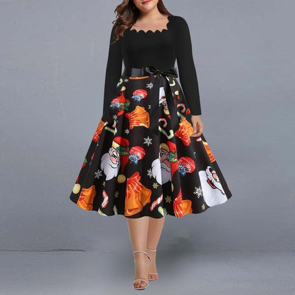 

plus size dresses women dress 2022 elegant christmas print year evening party winter chic a-line long sleeve back 5xl, Black