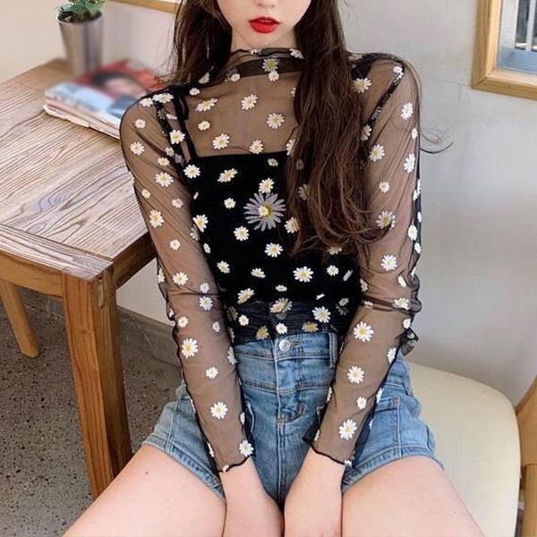 

women's t-shirt 2022 arrival summer daisy flower print mesh t shirt women korean long sleeve fishnet fashion sunscreen tee, White