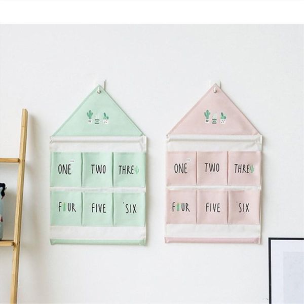 

storage boxes & bins 6 pockets cactus house-shaped wall mounted bag cotton linen folding hanging wardrobe closet sundries organizer pouch