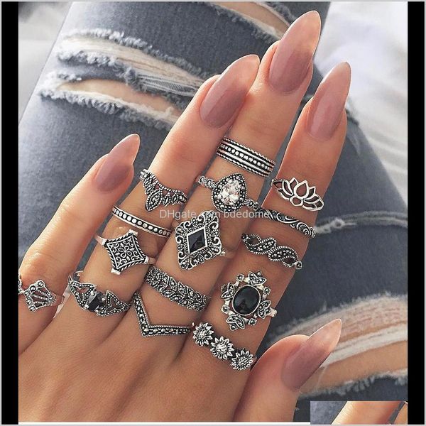 

band rings jewelry drop delivery 2021 bohemian retro ancient anemone female personality ring 15-piece set brjys, Silver
