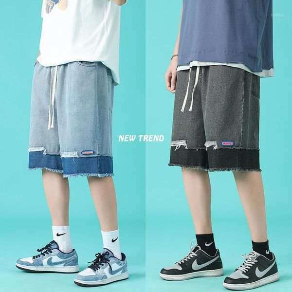 

men's shorts denim drawstring short jeans men streetwear straight male patchwork blue/black casual 5xl-m, White;black