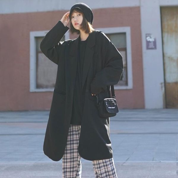 

women's trench coats windbreaker solid long coat street autumn button sleeve 2021 korean, Tan;black