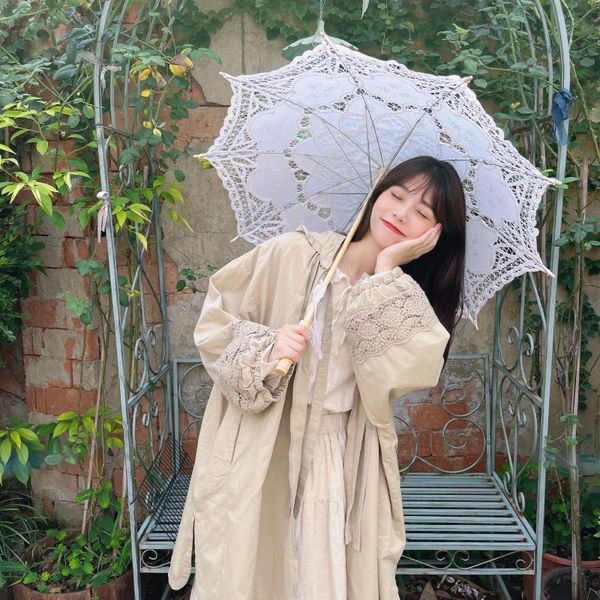 

women's trench coats autumn retro lace khaki mid-length windbreaker detachable cap lantern sleeve sweet coat, Tan;black