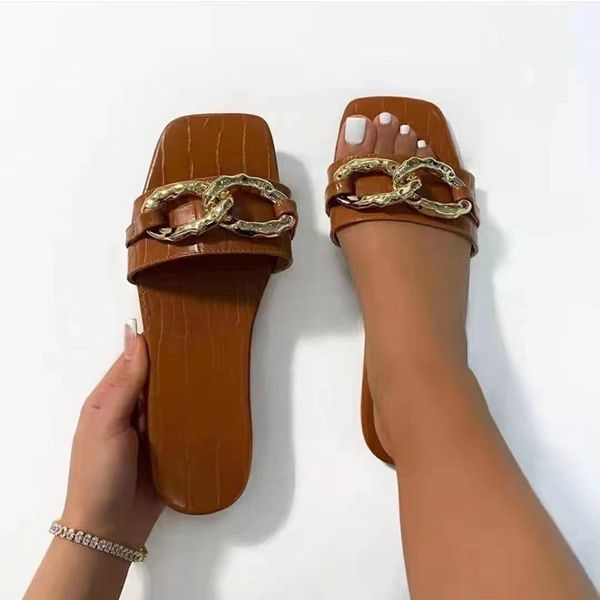 

official website 70% off outlet new brand women slipper square toe metal chain design slides flat heel ladies sandal summer outdoor beach fl, Black