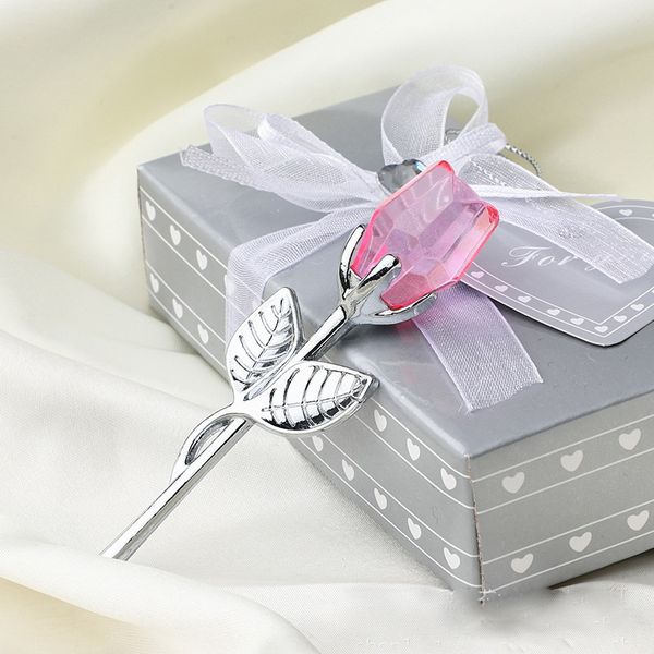 50pcs casamento favorece rosa rosa com haste de prata/ouro na caixa de presente do dia dos namorados brindes de despedida de solteiro