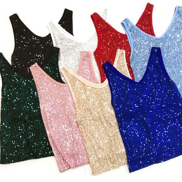 

appliques shinning women cami elasticity sequins camis crop girls spring summer fashion sleeveless tshirts tanks for, White
