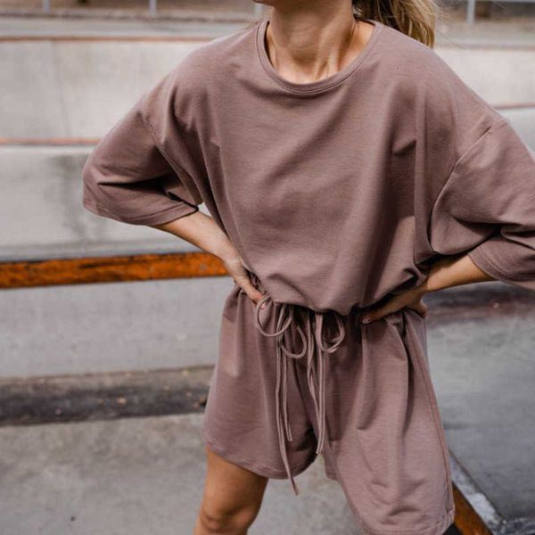 

casual women shorts sets women's two-piece suit solid color home loose summer fashion suit shorts sweatsuits set 210707, White