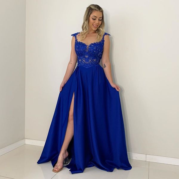 

2022 prom dresses custom made lace applique backless evening party gowns side split long satin vestidos de fiesta, Black