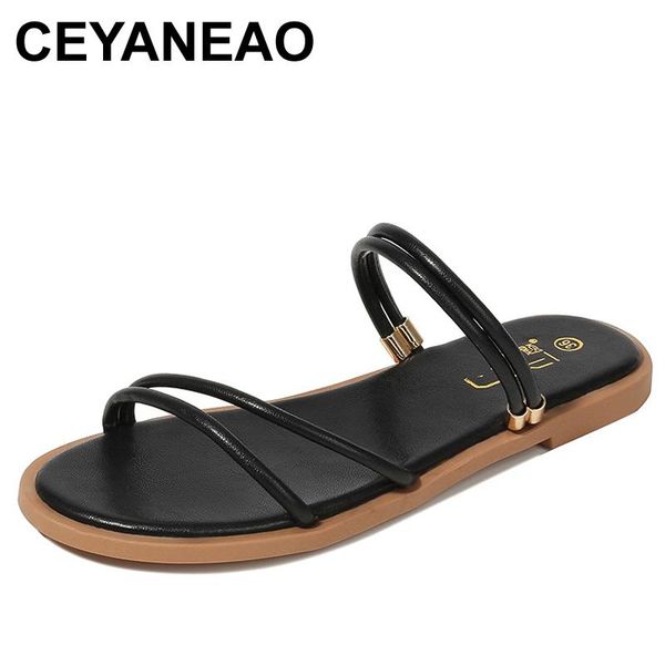 

ceyaneaotwo ways wear narrow band flat sandals women black / white solid color crossover gladiator sandalias mujer beach slipper