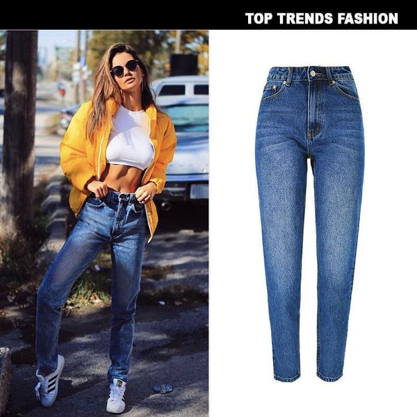 

european and american women's high waist loose straight jeans capris, Blue