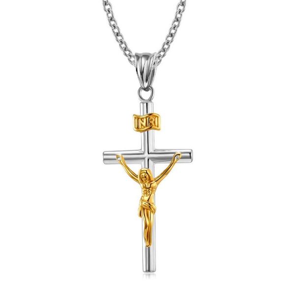 

pendant necklaces christian cross necklace for men jesus crucifixion religion stainless steel neck accessories link chain male gift collar, Silver