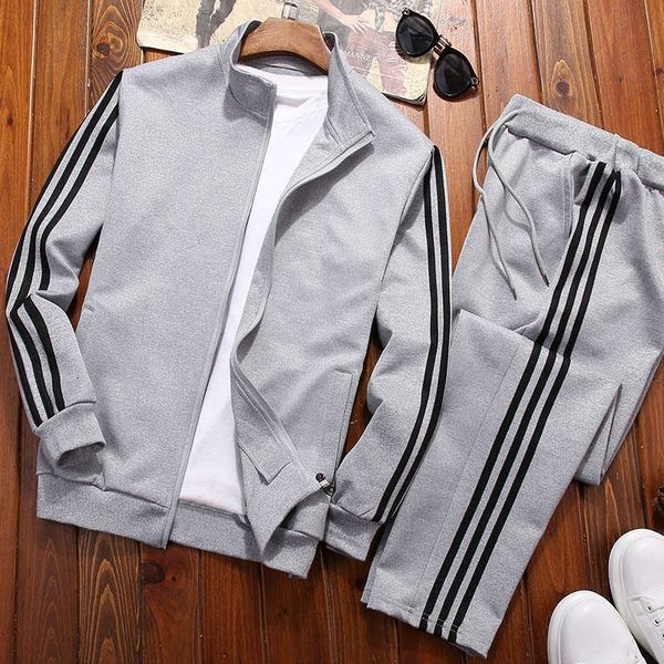 

sports leisure tracksuits men's suit in spring autumn three bar sportswear youth sweater coat and trousers two piece set, Gray