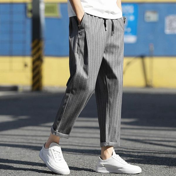

men's pants 2021 summer casual small leg capris slim striped fashion black trousers