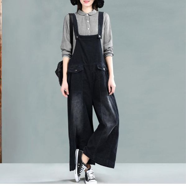 

women's jumpsuits & rompers spring women retro loose corduroy blended ladies casual overalls solid color bleached pocket, Black;white