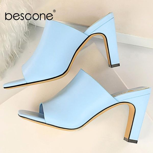 

bescone concise wild slippers women sweet candy-colored elengant thick heel peep toe sandals fashion lazy shoes bm482, Black