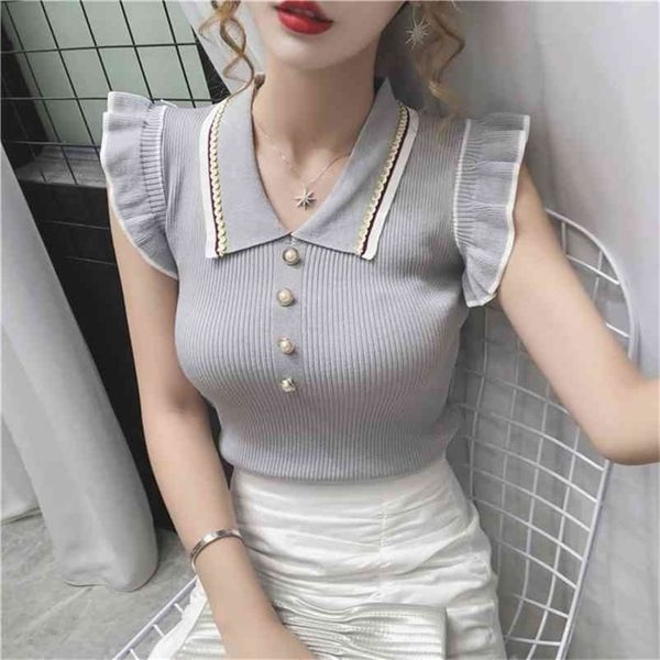 

summer fashion korean slim crop women turn-down collar knitted t-shirts sleeveless ruffles t shirt female tee shirt femme 210406, White