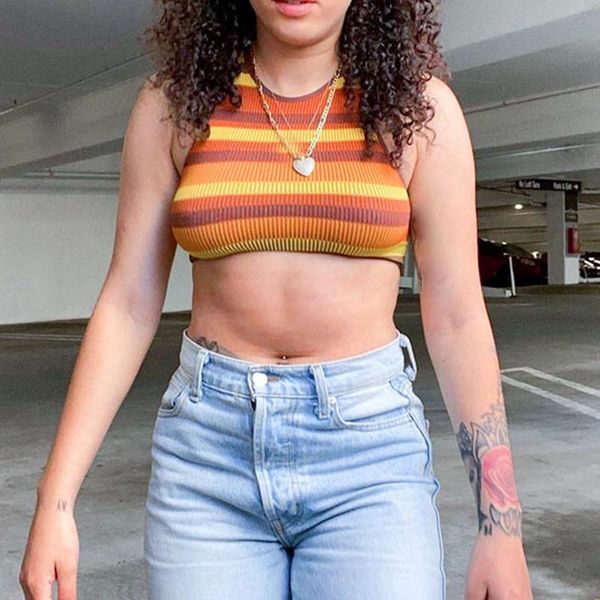 

women's t-shirt round neck sleeveless striped printed navel slim multicolor, White