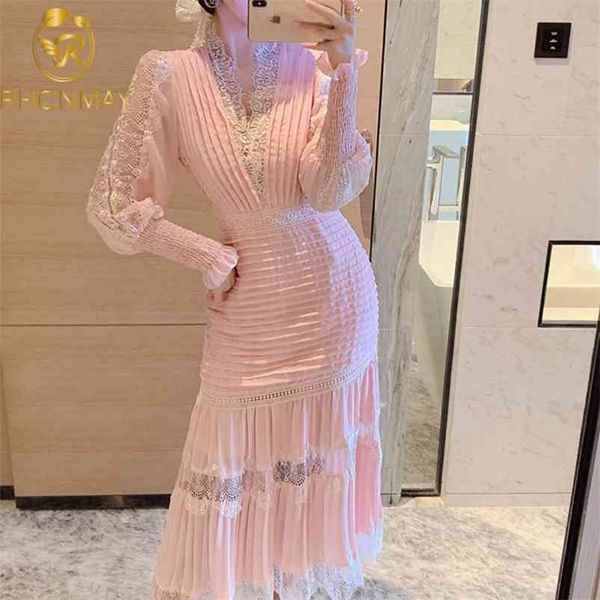 

fashion designer autumn elegant dresses women v-neck luxury lace patchwork embroidery vintage midi dress 210520, Black;gray