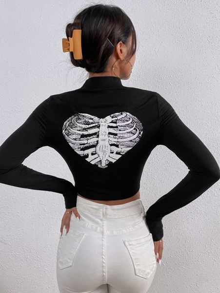 

skull print mock neck crop tee q285#, White