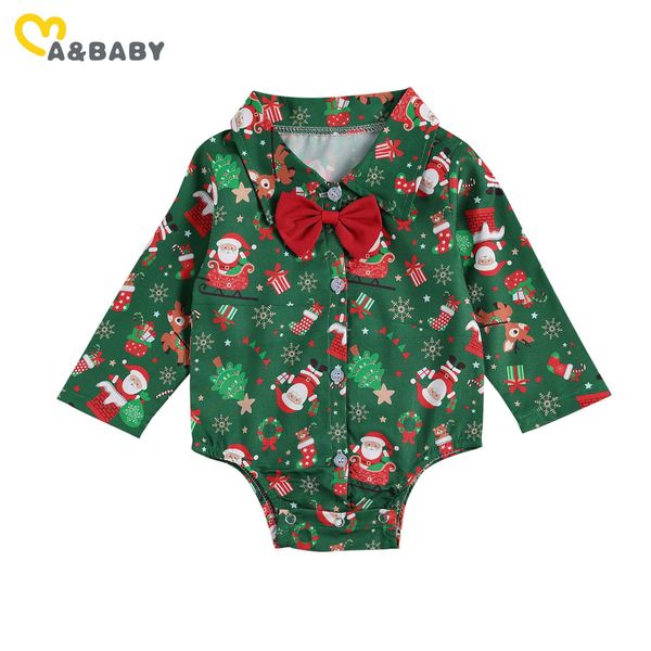 0-24M Weihnachten geboren Säugling Baby Jungen Strampler Langarm Cartoon Santa Grün Overall Schleife Gentleman Anzug 210515