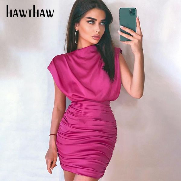 

casual dresses hawthaw women autumn winter soild color sleeveless satinbodycon pleated package hip mini dress 2021 female clothing, Black;gray