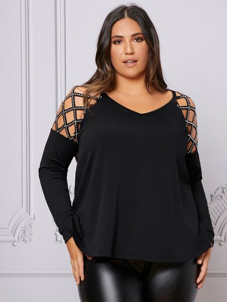 

plus cut out rhinestone detail raglan sleeve tee z0jq#, Black
