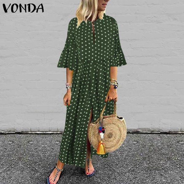 

casual dresses 2021 autumn loose flare sleeve long dress vonda bohemian vintage polka dot print sundress holiday beach robe, Black;gray