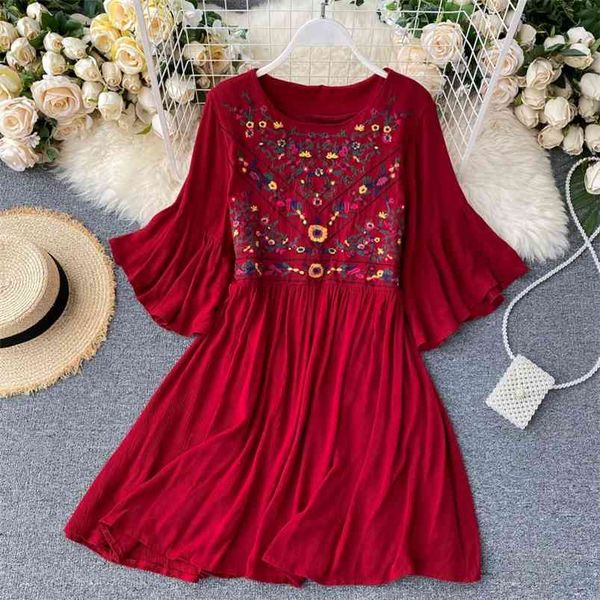 

summer arrival ladies floral flare sleeve chiffon loose garment women retro indie folk embroidery vacation dress 210430, Black;gray