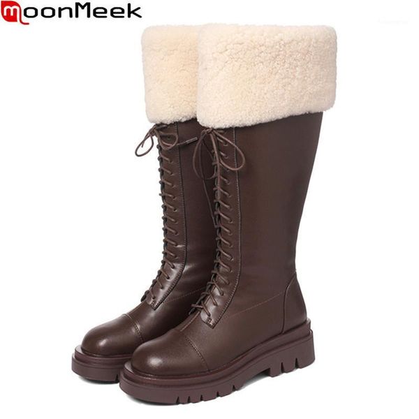 

boots moonmeek 2021 genuine leather fashion lace up thick heels square toe winter keep warm knee high1, Black