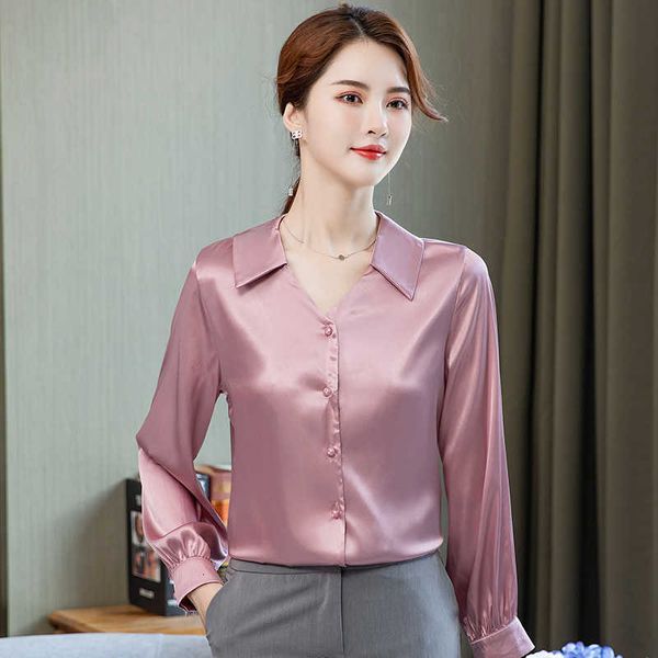 

women's blouses & shirts long sleeve womens and elegant ol v-neck chiffon satin shirt female korean solid vintage button dg91, White