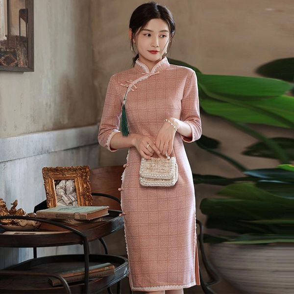 

ethnic clothing vintage cheongsam exquisite chinese style evening party qipao vestidos elegant slim autumn warm robe gown, Red