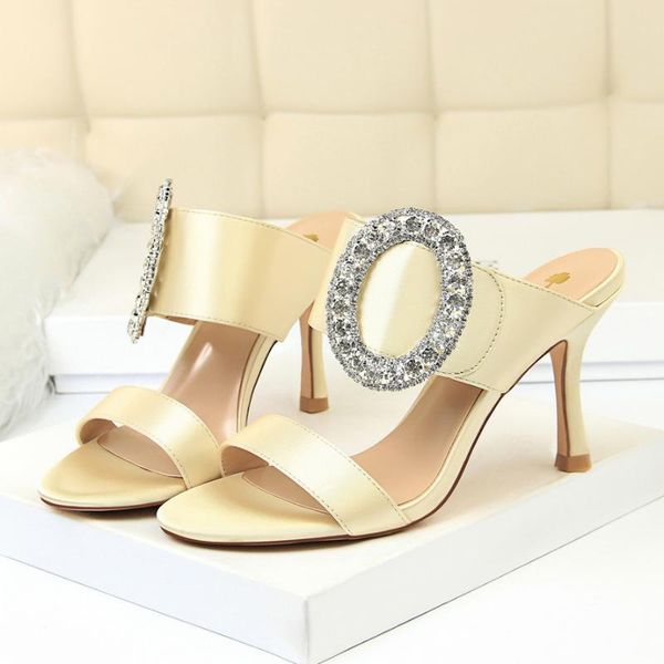 

slippers 2021 summer women 8.5cm high heels slides lady party rhinestone silk satin female crystal red shoes, Black