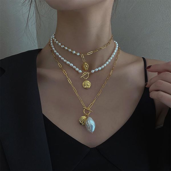 

pendant necklaces european and american retro baroque pearl necklace women's niche design jewelry folding sweater chain, Silver