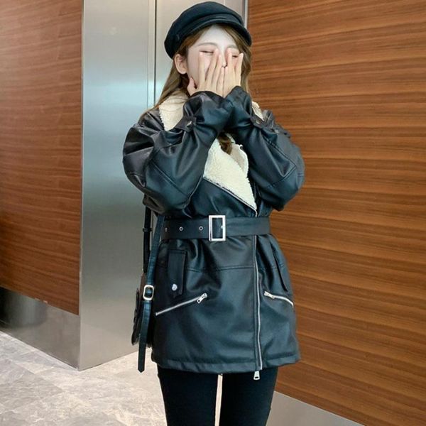

women's fur & faux 2021 sheepskin shearling winter coat women black warm motorcycle street soft lamb leather jacket with belt