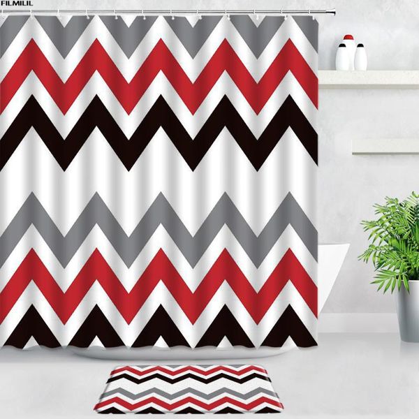 

shower curtains geometric wave pattern bath mat set gray black red creative stripes home decor bathroom non-slip carpet door pad