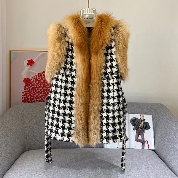

women's fur & faux women fashion wool stitching collar plaid genuine gilet jackets short with belt female vest waistwear, Black