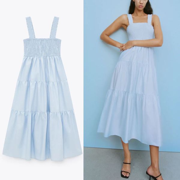 

dresses za blue pleated summer es women sleeveless wide straps smocked elastic midi party female chic backless vestidos, Black;gray