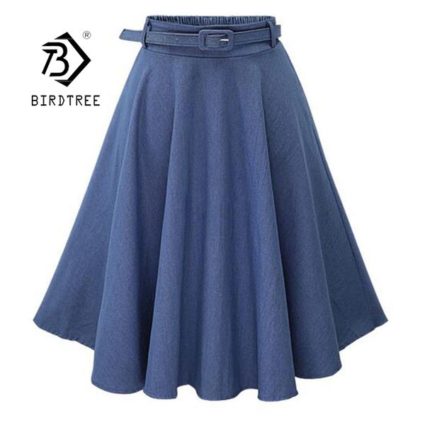 

vintage denim skirt spring summer casual high waisted washed loose a-line knee length jeans skirts with belt b13107x 210419, Black